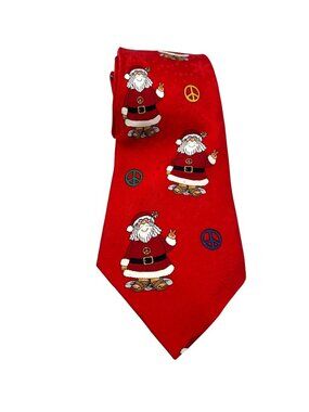 Vintage American Greetings Peace Sign Santa Christmas Silkl Tie Red 5d